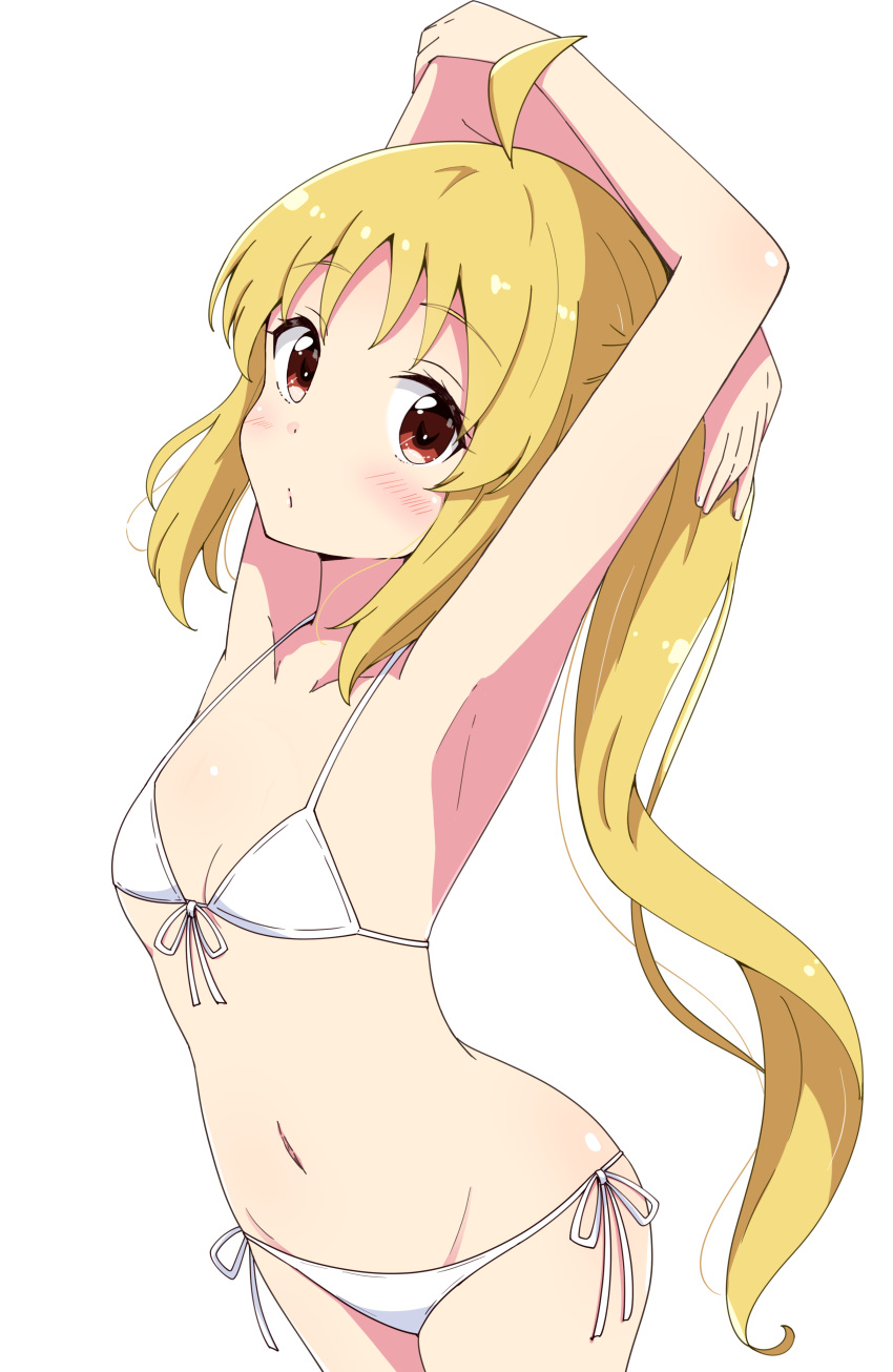 1girl absurdres ahoge aikawa_ryou armpits arms_up bikini blonde_hair blush bocchi_the_rock! breasts closed_mouth collarbone commentary_request front-tie_bikini_top front-tie_top groin highres ijichi_nijika long_hair looking_at_viewer navel red_eyes side-tie_bikini_bottom side_ponytail sidelocks simple_background small_breasts solo swimsuit very_long_hair white_background white_bikini