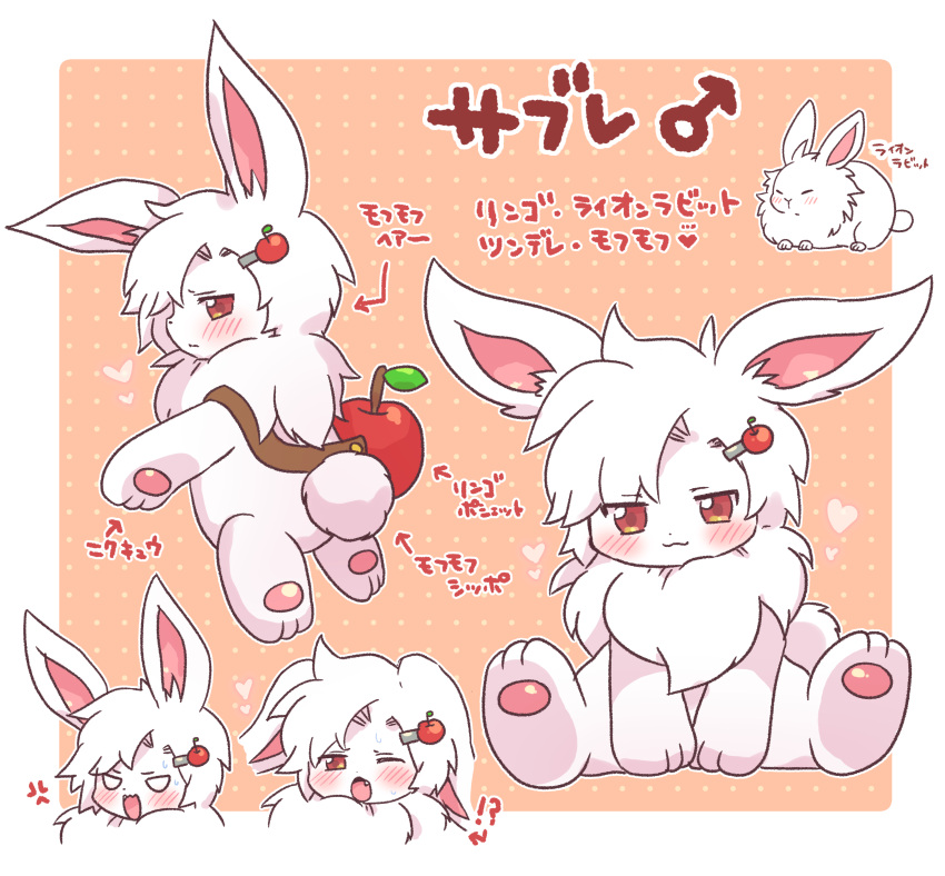 &lt;3 3_fingers 3_toes :3 ?! absurd_res accessory ambiguous_gender angry anthro apple blush chibi colored cute_fangs digital_media_(artwork) ears_down feet feral feralized fingers fluffy fluffy_tail food front_view fruit fur gender_symbol glistening glistening_eyes gu_t_p hair hair_accessory hairclip hi_res japanese_text kemono lagomorph leporid lionhead_rabbit looking_at_viewer looking_back looking_back_at_viewer male_(lore) male_symbol mammal model_sheet monotone_body monotone_fur monotone_hair monotone_tail multicolored_ears multiple_forms multiple_images neck_tuft nude one_eye_closed open_mouth pawpads paws pink_inner_ear pink_pawpads pivoted_ears plant pupils rabbit rear_view red_eyes scut_tail semi-anthro shaded short_hair short_tail shoulder_bag simple_background sitting solo standing symbol tail text toes translated tuft two_tone_ears white_body white_ears white_fur white_hair white_tail