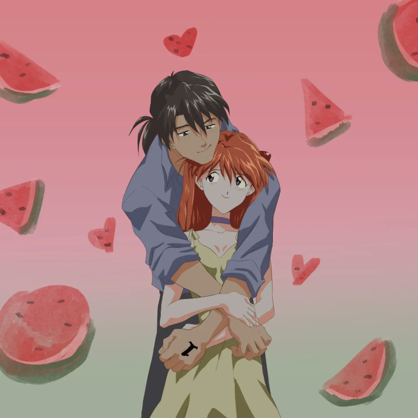 1boy 1girl amondetauro blue_choker choker couple dress food fruit heart hetero highres kaji_ryouji neon_genesis_evangelion orange_hair smile souryuu_asuka_langley watermelon yellow_dress