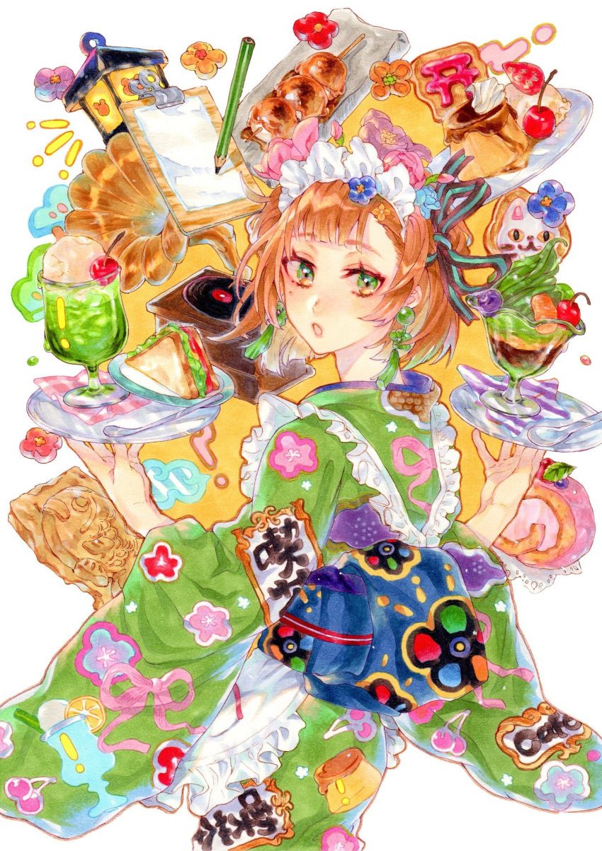 1girl animal-themed_food apron blue_flower blue_sash brown_hair brown_ribbon cherry commentary_request cookie cowboy_shot earrings eyelashes floral_print flower food food_request frilled_apron frills from_behind fruit green_eyes green_kimono green_sleeves hair_flower hair_ornament hair_ribbon highres holding holding_tray ice_cream ice_cream_float japanese_clothes jewelry kimono lantern light_blush long_sleeves looking_at_viewer looking_back maid maid_headdress mole mole_under_eye nasso0810 notebook notice_lines obi ofuda ofuda_on_clothes open_mouth original parfait pencil phonograph pink_flower pink_rose plate pudding ribbon rose sandwich sash short_hair short_twintails simple_background solo sphere_earrings spoon strawberry striped_ribbon tassel tassel_earrings tray twintails wa_maid white_apron white_background white_headwear wide_sleeves yellow_ribbon