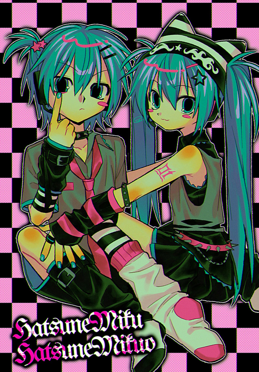 1boy 1girl :3 adapted_costume animal_hat aqua_eyes aqua_hair aqua_nails arm_warmers bare_shoulders beanie black_arm_warmers black_leg_warmers black_shorts black_skirt blackletter blush_stickers character_name checkered_background closed_mouth collar eyelid_pull genderswap genderswap_(ftm) grey_shirt hair_between_eyes hair_ornament hat hatsune_miku hatsune_mikuo highres jewelry leg_warmers long_hair looking_at_viewer loose_necktie loose_socks menma_(enaic31) miniskirt nail_polish necktie pink_necktie ring shirt short_hair short_sleeves short_twintails shorts signature sitting skirt sleeveless sleeveless_shirt socks socks_over_thighhighs spiked_belt spiked_collar spikes star_(symbol) star_hair_ornament striped_clothes striped_headwear striped_thighhighs thighhighs twintails vocaloid white_socks