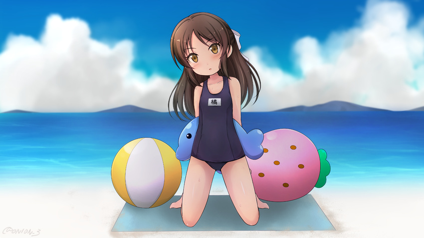 ball beach beachball blush bow brown_eyes brown_hair cloud cloudy_sky day hair_bow highres horizon idolmaster idolmaster_cinderella_girls kneeling long_hair looking_at_viewer ocean old_school_swimsuit one-piece_swimsuit onion_(lemlaml) outdoors school_swimsuit signature sky solo swimsuit tachibana_arisu twitter_username