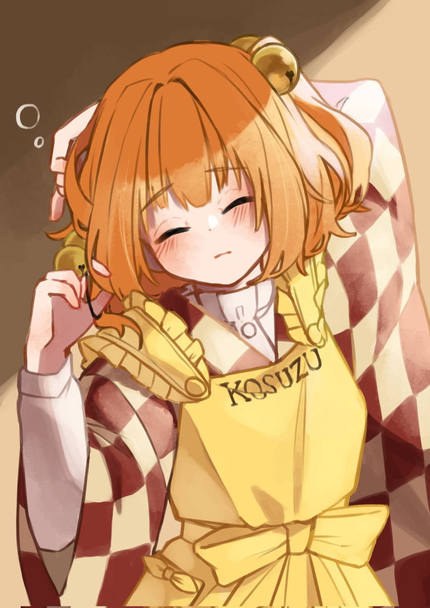 1girl apron bell blush bow checkered_clothes checkered_kimono closed_eyes closed_mouth commentary_request frilled_apron frills hair_bell hair_ornament highres japanese_clothes jingle_bell kimono long_sleeves medium_hair motoori_kosuzu natomaki orange_hair red_kimono romaji_text shirt solo touhou upper_body white_kimono white_shirt wide_sleeves yellow_apron yellow_bow