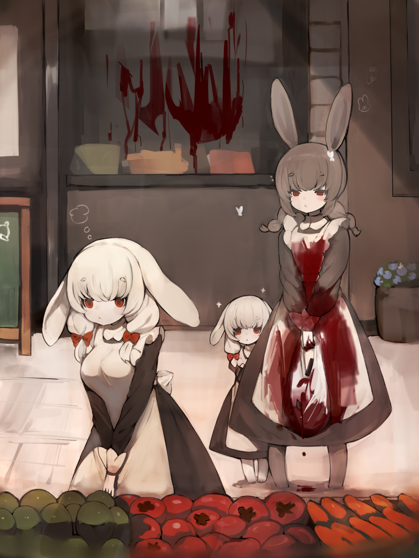 3girls :&lt; absurdres animal_ears apron bag blood blood_on_clothes blood_splatter blue_flower bow braid breasts brown_dress brown_hair bug butterfly carrot child closed_mouth commentary_request dot_nose dress dripping floppy_ears flower hair_bow hiding hiding_behind_another highres holding holding_bag large_breasts long_sleeves market medium_hair menu_board multiple_girls original outdoors pale_skin partial_commentary plant potted_plant rabbit_ears red_bow red_eyes shirokujira sparkle standing storefront thought_bubble tomato twin_braids twintails v_arms white_apron white_butterfly white_hair