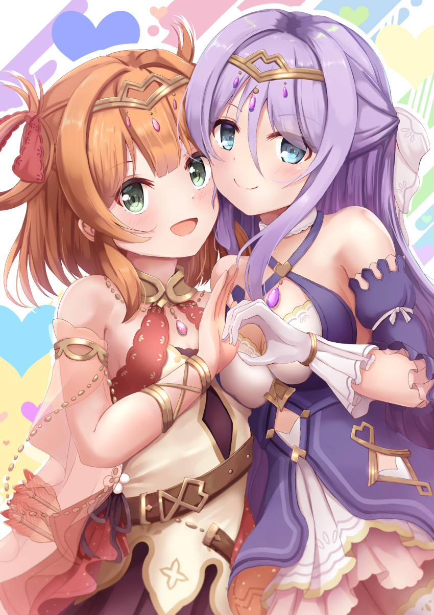 2girls bare_shoulders blue_eyes brown_hair criss-cross_halter dress gloves green_eyes hair_rings halterneck highres jewelry layered_dress long_hair medium_hair mia_(kuja999) multiple_girls open_mouth princess_connect! purple_hair rino_(princess_connect!) shizuru_(princess_connect!) smile white_gloves