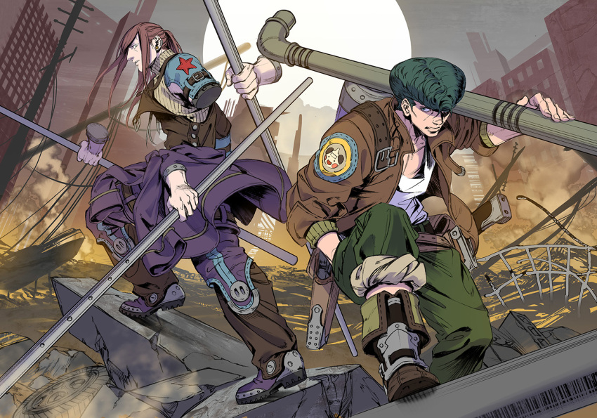 2boys akakokko_(niro_azarashi) alternate_costume back-to-back battle black_hair boots cargo_pants disembodied_limb extra_hands holding_industrial_pipe hunter_x_hunter jacket knuckle_bine letterman_jacket long_hair male_focus multiple_boys nen_(hunter_x_hunter) no_eyebrows open_clothes open_jacket pants pompadour ponytail purple_hair shirt shoot_mcmahon short_hair telekinesis