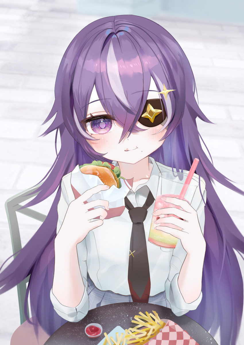 1girl absurdres black_necktie burger chevreuse_(genshin_impact) collared_shirt crossed_bangs cup dress_shirt drink drinking_straw eating elbows_on_table eyepatch fast_food food food_on_face french_fries genshin_impact highres holding holding_cup holding_food ketchup long_hair necktie purple_eyes purple_hair ririnngo_7 shirt sleeves_rolled_up smile solo table white_shirt