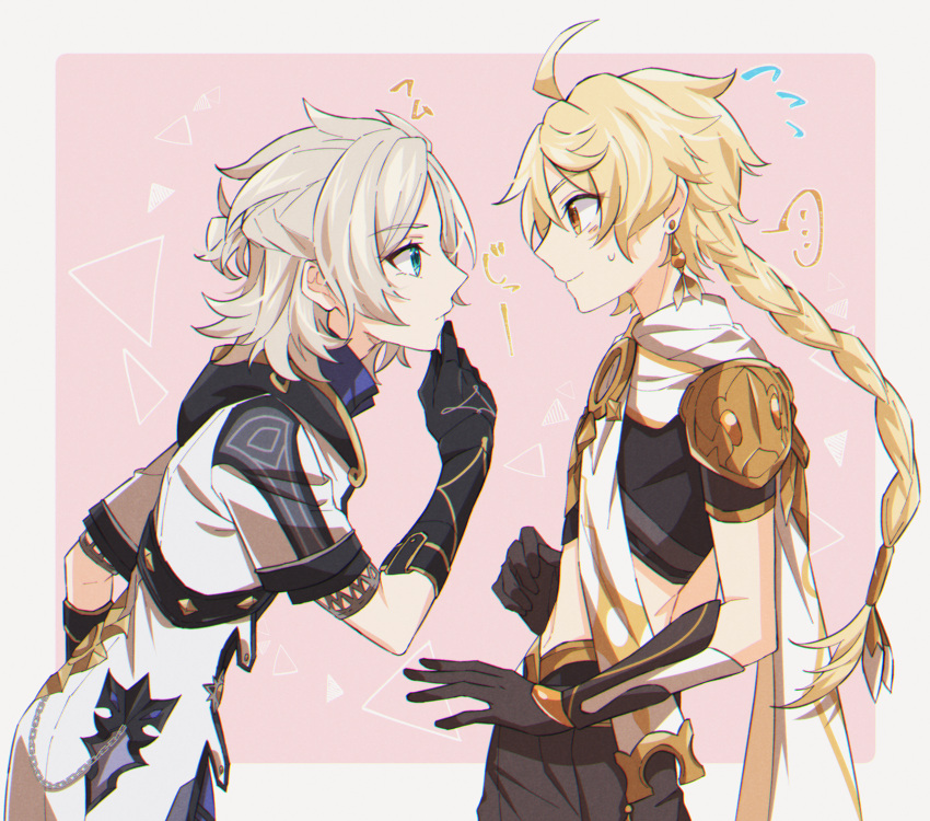 ... 2boys aether_(genshin_impact) ahoge albedo_(genshin_impact) aqua_eyes arm_armor armor black_gloves black_shirt blonde_hair blue_shirt border braid brown_pants closed_mouth flying_sweatdrops french_braid genshin_impact gloves gold_trim grey_hair hair_between_eyes hair_ornament hair_ribbon hand_up highres hood hoodie long_hair looking_at_another male_focus mandarin_collar mizuamememe multiple_boys outside_border pants pink_background ribbon scarf shirt short_hair short_sleeves shoulder_armor smile speech_bubble standing sweatdrop triangle_background white_border white_hoodie white_ribbon white_scarf yellow_eyes