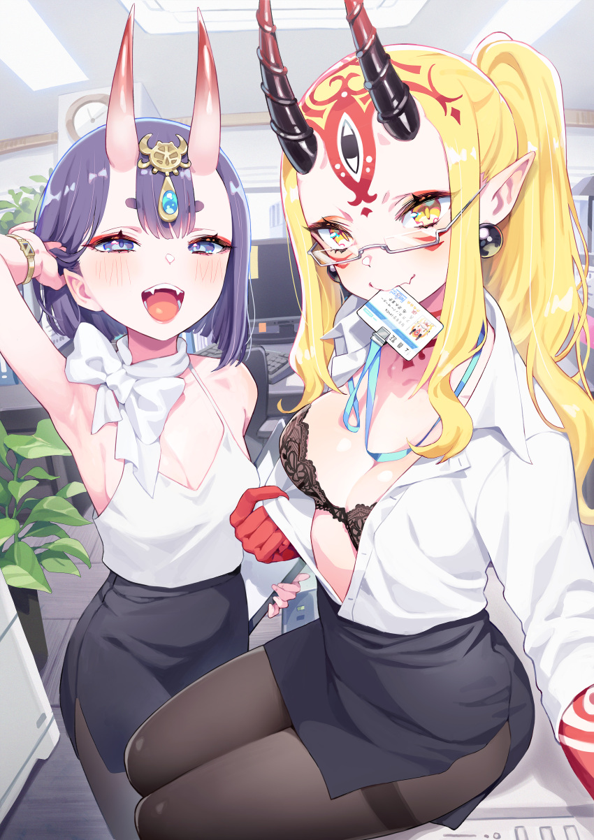 2girls absurdres alternate_breast_size armpits bare_shoulders black_bra blonde_hair bob_cut bra bracelet breasts camisole cleavage collarbone collared_shirt commentary_request contemporary earrings eyeliner facial_mark fate/grand_order fate_(series) forehead forehead_mark glasses grey-framed_eyewear hair_pulled_back headpiece highres horns ibaraki_douji_(fate) id_card jewelry kunikune lanyard long_hair looking_at_viewer makeup medium_breasts mouth_hold multiple_girls office_lady oni open_clothes open_mouth open_shirt pantyhose pointy_ears ponytail purple_eyes purple_hair rectangular_eyewear scarf semi-rimless_eyewear shirt short_hair shuten_douji_(fate) sidelocks skin-covered_horns smile tattoo under-rim_eyewear underwear white_camisole white_scarf yellow_eyes