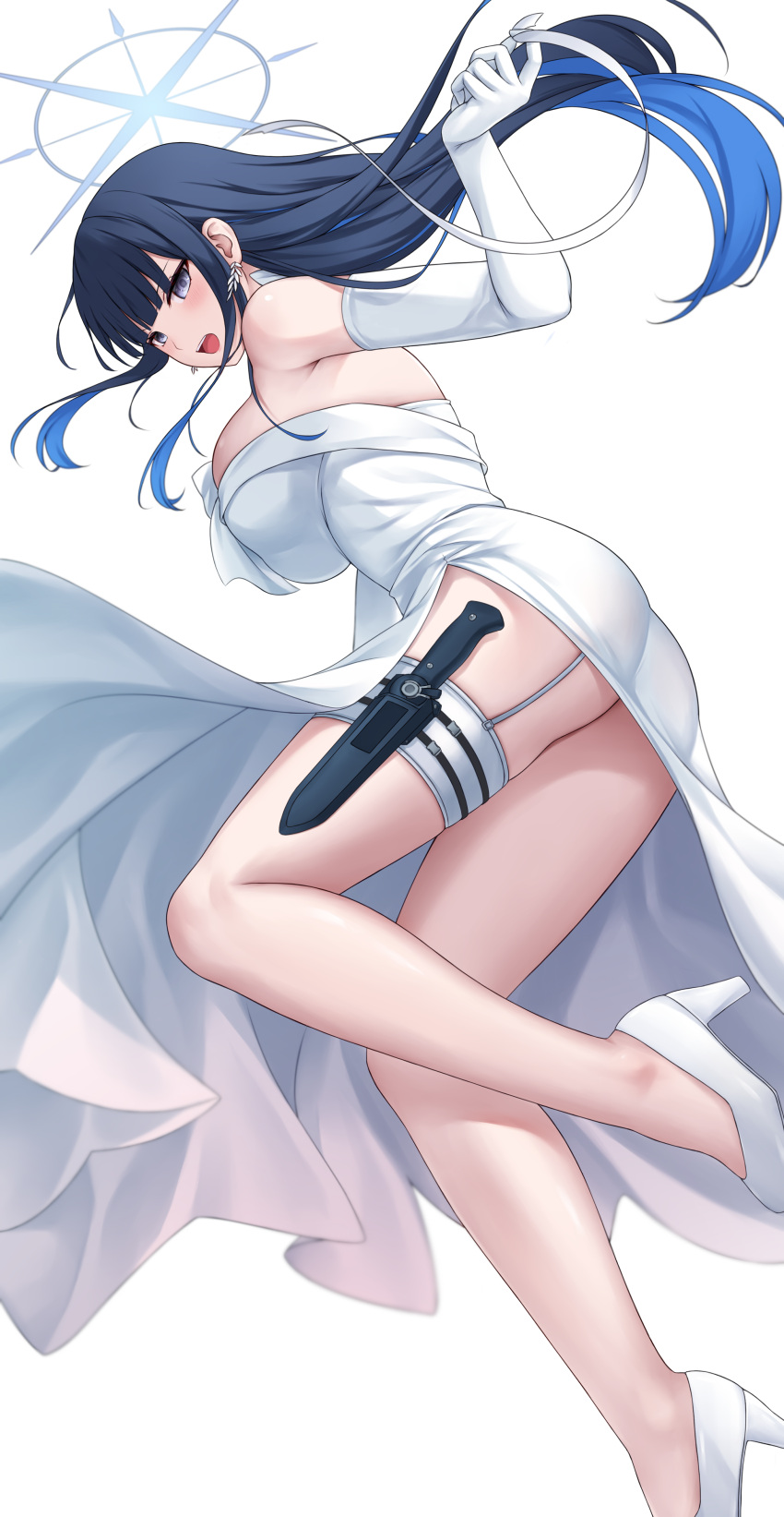 1girl absurdres black_hair blue_archive blue_halo blush breasts chien_zero colored_inner_hair dress earrings elbow_gloves gloves grey_eyes halo high_heels highres jewelry large_breasts long_hair multicolored_hair open_mouth saori_(blue_archive) saori_(dress)_(blue_archive) simple_background solo strapless strapless_dress white_background white_dress white_footwear white_gloves