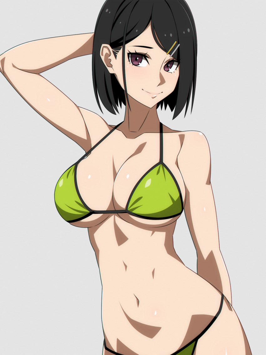 1girl bikini black_hair breasts brown_eyes cleavage commission green_bikini grey_background hair_ornament hairclip highres large_breasts looking_at_viewer nijisanji ra-pen seto_miyako short_hair simple_background solo swimsuit upper_body virtual_youtuber