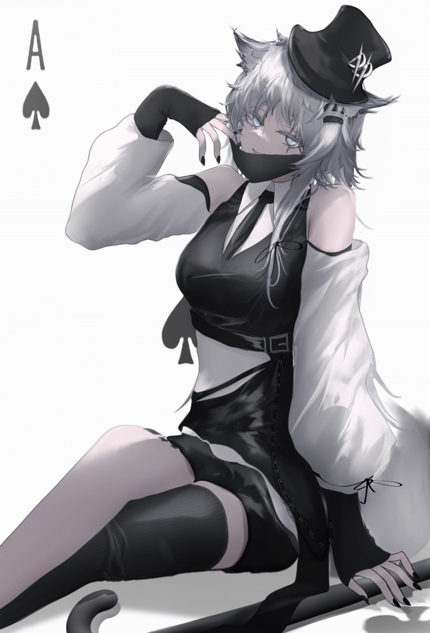 1girl absurdres ace_(playing_card) ace_of_spades animal_ear_fluff animal_ears arknights asymmetrical_bangs bare_shoulders black_headwear black_mask black_nails black_necktie black_thighhighs cane card collared_shirt crossed_legs detached_sleeves grey_eyes hairband hat head_tilt highres holding holding_cane lappland_(arknights) looking_at_viewer mask mask_pull mebe_(teadia_violet) medium_hair messy_hair mini_hat mini_top_hat mouth_mask nail_polish necktie oripathy_lesion_(arknights) playing_card scar scar_across_eye shirt single_thighhigh sitting sleeves_past_wrists solo spade_(shape) thighhighs top_hat white_background white_hair wolf_ears