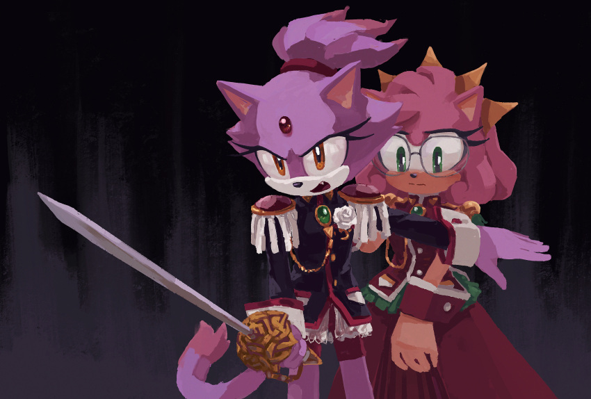 2girls amy_rose animal_ears blaze_the_cat cat_ears cat_girl cat_tail cosplay dress fang furry furry_female glasses green_eyes hedgehog_girl highres himemiya_anthy himemiya_anthy_(cosplay) holding holding_sword holding_weapon multiple_girls pink_fur ponytail purple_fur rayactive_factory red_dress red_shorts shorts shoujo_kakumei_utena sonic_(series) sword tail tenjou_utena tenjou_utena_(cosplay) weapon yellow_eyes