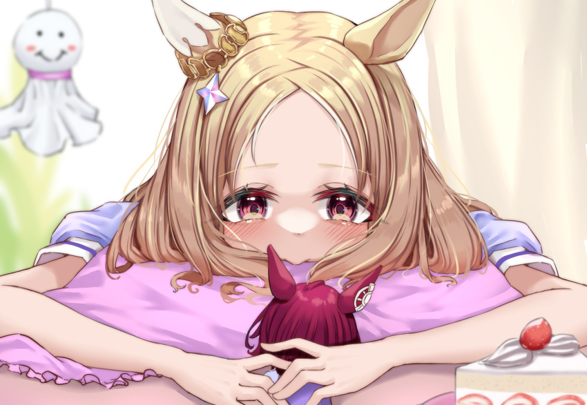 1girl absurdres animal_ears blonde_hair blurry blurry_background blush brown_eyes brown_hair cake cake_slice character_doll commentary_request doll ear_covers ear_ornament food forehead highres holding holding_doll horse_ears horse_girl indoors narita_top_road_(umamusume) pillow puffy_short_sleeves puffy_sleeves purple_shirt shirt short_hair short_sleeves single_ear_cover strawberry_shortcake tabunshake tanino_gimlet_(umamusume) teruterubouzu umamusume upper_body