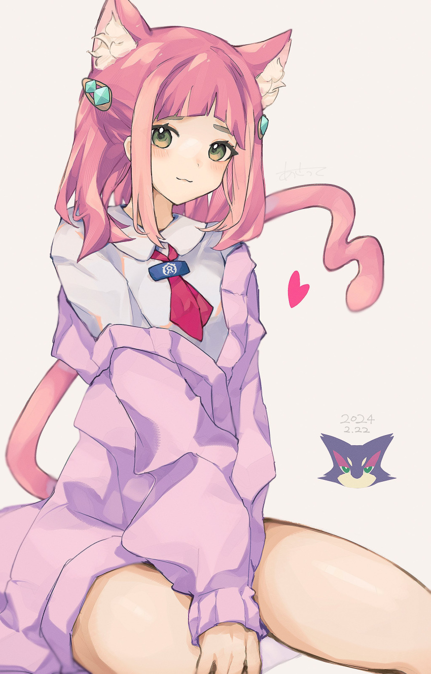 1girl absurdres animal_ears asatte_3z blush cat_ears cat_girl cat_tail coat collared_shirt eyelashes hair_ornament hairclip heart highres lacey_(pokemon) long_sleeves looking_at_viewer open_clothes pink_hair pokemon pokemon_sv shirt smile solo tail white_shirt yellow_eyes