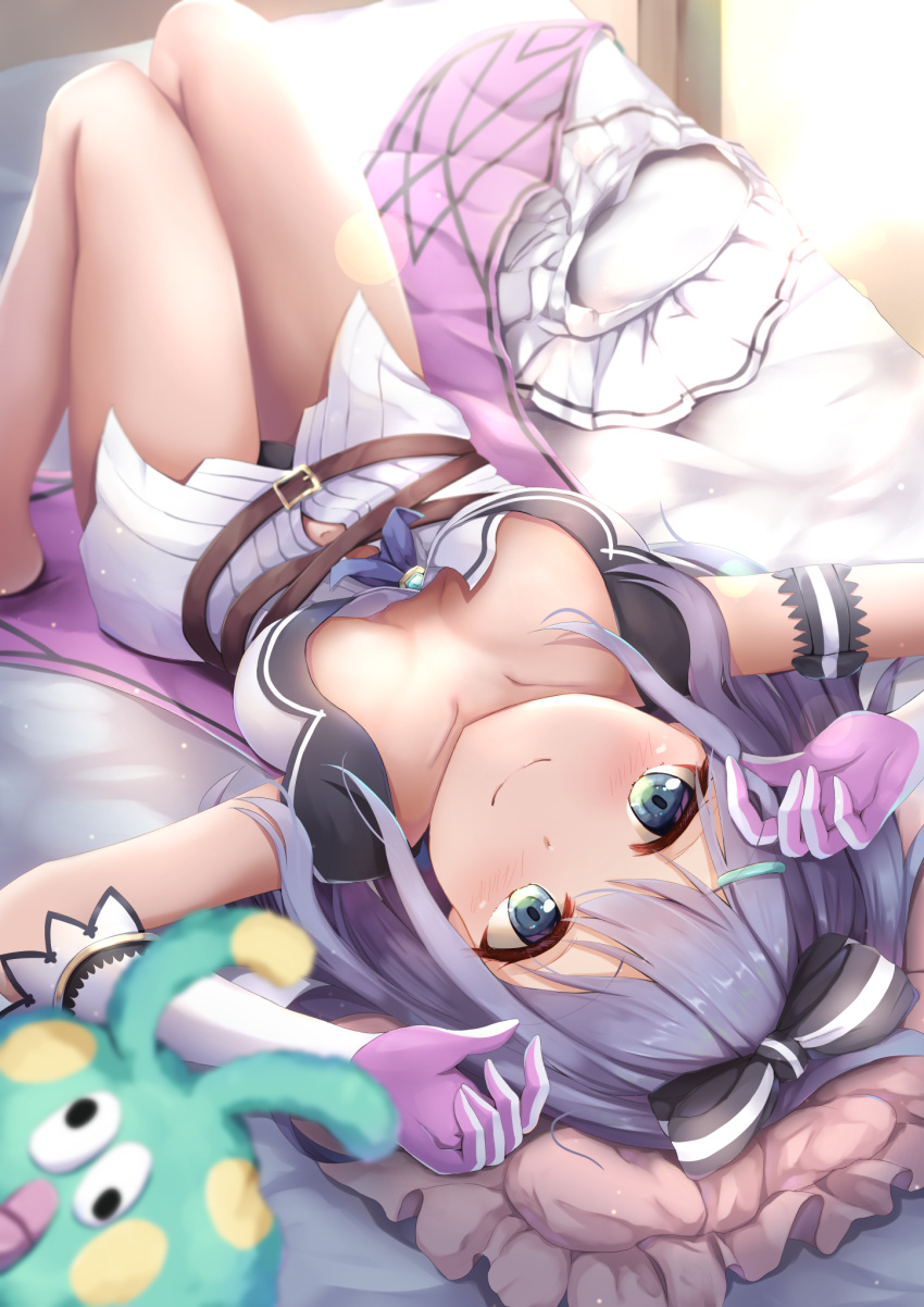 belt black_panties blue_eyes bow_hairband breasts collarbone gloves hair_ornament hairband hairclip highres knees_up lying medium_hair mia_(kuja999) misora_(princess_connect!) on_back outstretched_arms panties princess_connect! purple_gloves purple_hair skirt smile spread_arms underwear unworn_clothes white_skirt