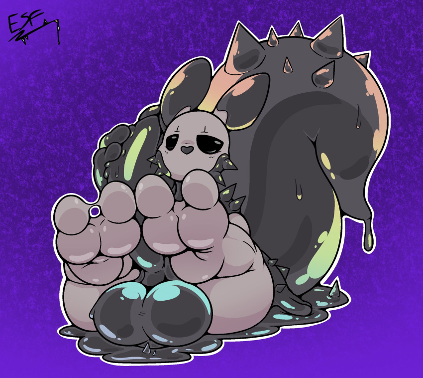 2_toes anthro balls big_balls big_penis electricsnowfox feet feet_up genitals grey_body hi_res huge_penis male penis plantigrade rain_world sitting slime slugcat_(rain_world) soles solo toes