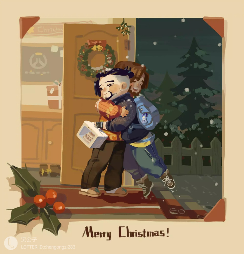 2boys backpack bag beard black_eyes black_hair black_jacket blue_bag blue_pants bright_pupils brown_footwear brown_hair brown_pants cake cassidy_(overwatch) chengongzi123 christmas christmas_wreath closed_eyes closed_mouth deformed door english_commentary english_text facial_hair fence food full_body gift hanzo_(overwatch) highres holding holly hug indoors jacket lofter_username long_sleeves male_focus merry_christmas multiple_boys mutual_hug open_mouth orange_sweater overwatch pants pine_tree short_hair slippers snow snowing standing sweater tree undercut white_pupils winter wreath