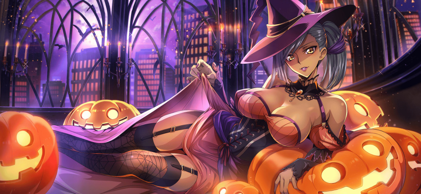 1girl arm_support artist_request bare_shoulders bat_(animal) black_thighhighs breasts brooch candelabra candle candlestand cleavage clothes_lift code_geass code_geass:_lost_stories corset dark-skinned_female dark_skin dress dress_lift fire game_cg garter_straps gem grey_hair hair_ribbon halloween hand_up happy hat highres indoors jack-o'-lantern jewelry juliet_sleeves large_breasts leaning_on_object legs_together lifted_by_self light_rays lipstick long_sleeves looking_at_viewer lying makeup nail_polish night non-web_source official_art on_side orange_dress parted_lips print_thighhighs puffy_sleeves purple_background purple_headwear purple_lips purple_nails purple_ribbon red_gemstone ribbon short_hair side_ponytail smile solo spider_web_print teeth thighhighs thighs villetta_nu window witch witch_hat yellow_eyes