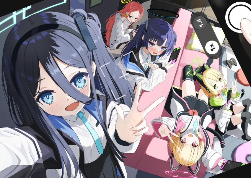 5girls absurdly_long_hair absurdres animal_ear_headphones animal_ears aris_(blue_archive) black_hair blonde_hair blue_archive blue_eyes blush cat_tail closed_mouth cpk_prd fake_animal_ears game_development_department_(blue_archive) green_eyes green_halo halo headphones highres long_hair mechanical_halo midori_(blue_archive) momoi_(blue_archive) multiple_girls one_side_up open_mouth pink_halo purple_hair red_eyes red_hair short_hair siblings sisters smile tail twins two_side_up very_long_hair yellow_halo yuuka_(blue_archive) yuzu_(blue_archive)