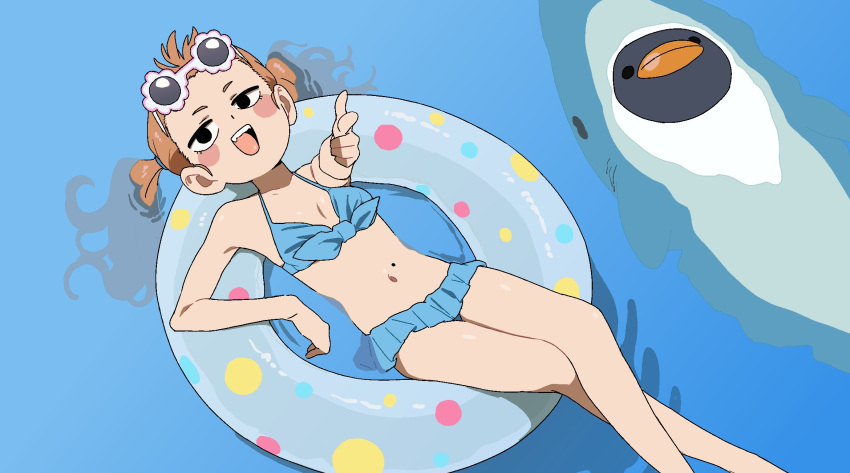 1girl afloat bikini black_eyes blue_bikini breasts crossed_legs eyewear_on_head highres innertube light_brown_hair medium_hair navel on_innertube open_mouth original osame osame-chan pointing pointing_at_viewer shark small_breasts smile solo sunglasses swim_ring swimsuit teeth twintails water