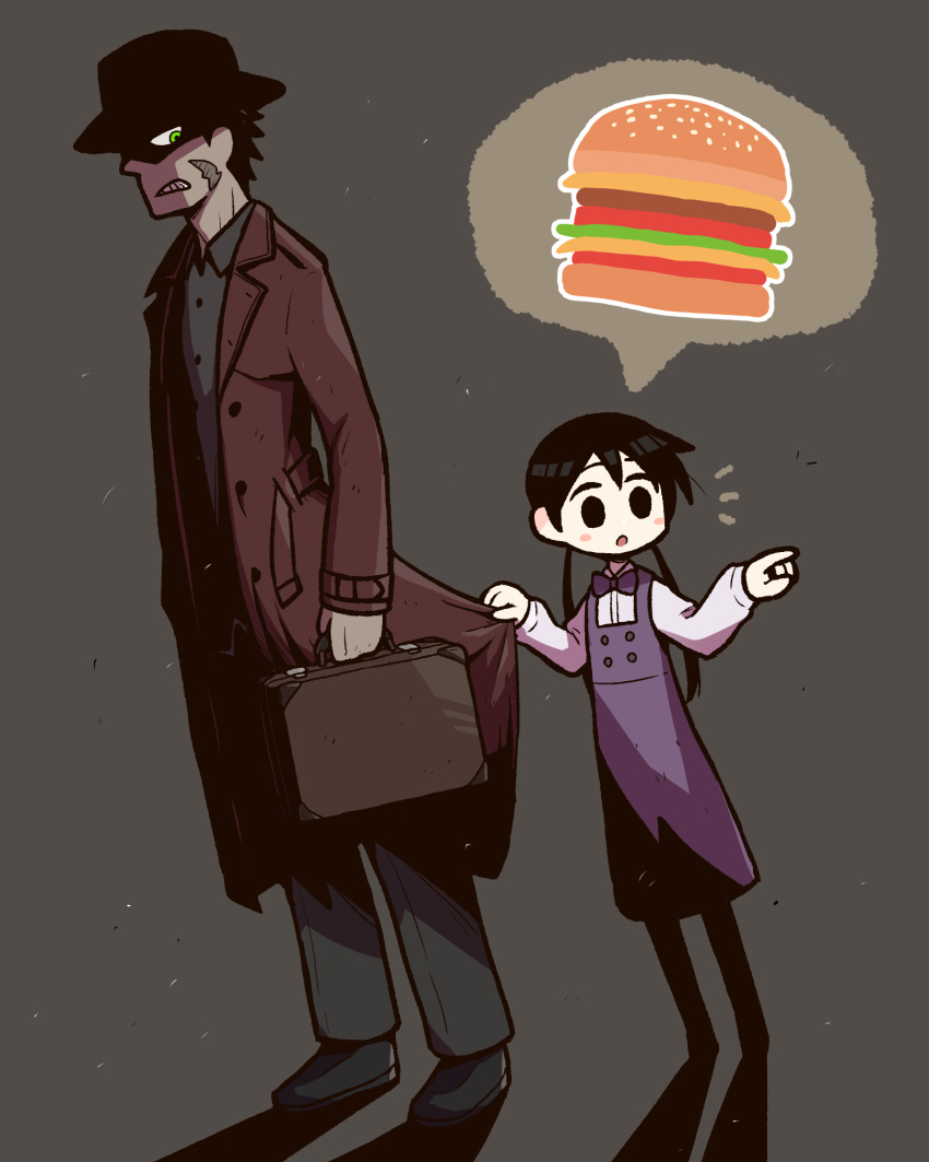 1boy 1girl :o black_eyes black_hair blush_stickers bow bowtie briefcase burger buttons child clothes_tug coat collared_shirt dress food full_body green_eyes grey_background hat highres original pants pointing purple_dress scar scar_on_cheek scar_on_face scowl shaded_face shadow shirt shoes simple_background spoken_food standing takurada trench_coat twintails