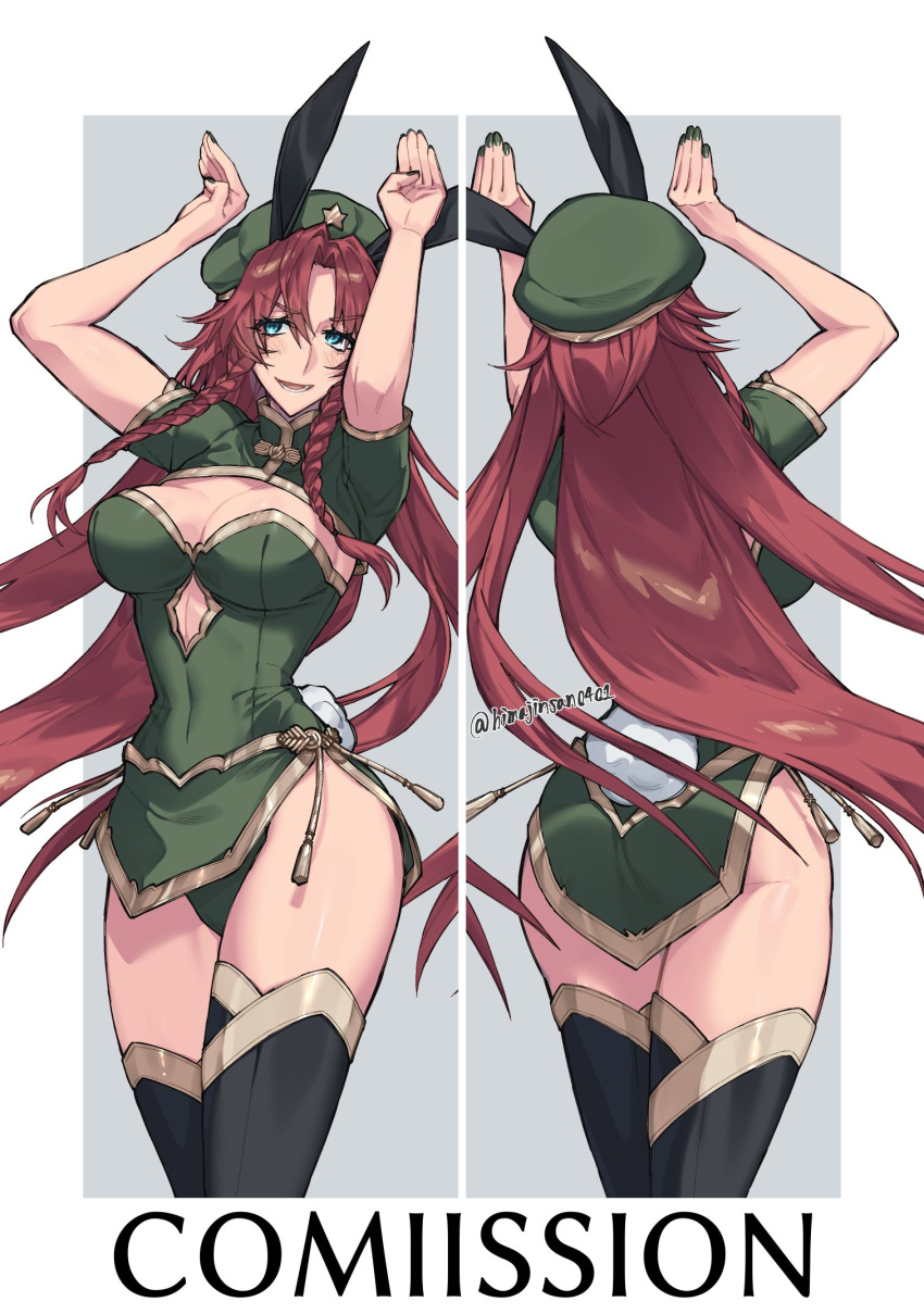 animal_ears aqua_eyes ass beret boots braid breasts cleavage fake_animal_ears gold_trim green_headwear hat hat_ornament highres himadera hong_meiling large_breasts leotard loincloth long_hair playboy_bunny rabbit_ears rabbit_pose red_hair shrug_(clothing) smile star_(symbol) star_hat_ornament strapless strapless_leotard thigh_boots thighs touhou twin_braids