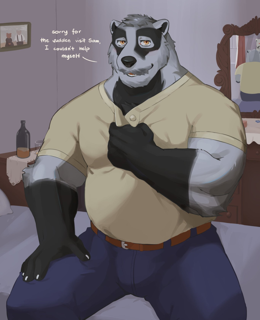 amber_eyes anthro belly bottomwear chivess clothing dim_lighting echo_(series) echo_project hi_res looking_at_viewer male mammal muscular nikolai_(the_smoke_room) pants procyonid raccoon shirt solo text the_smoke_room topwear