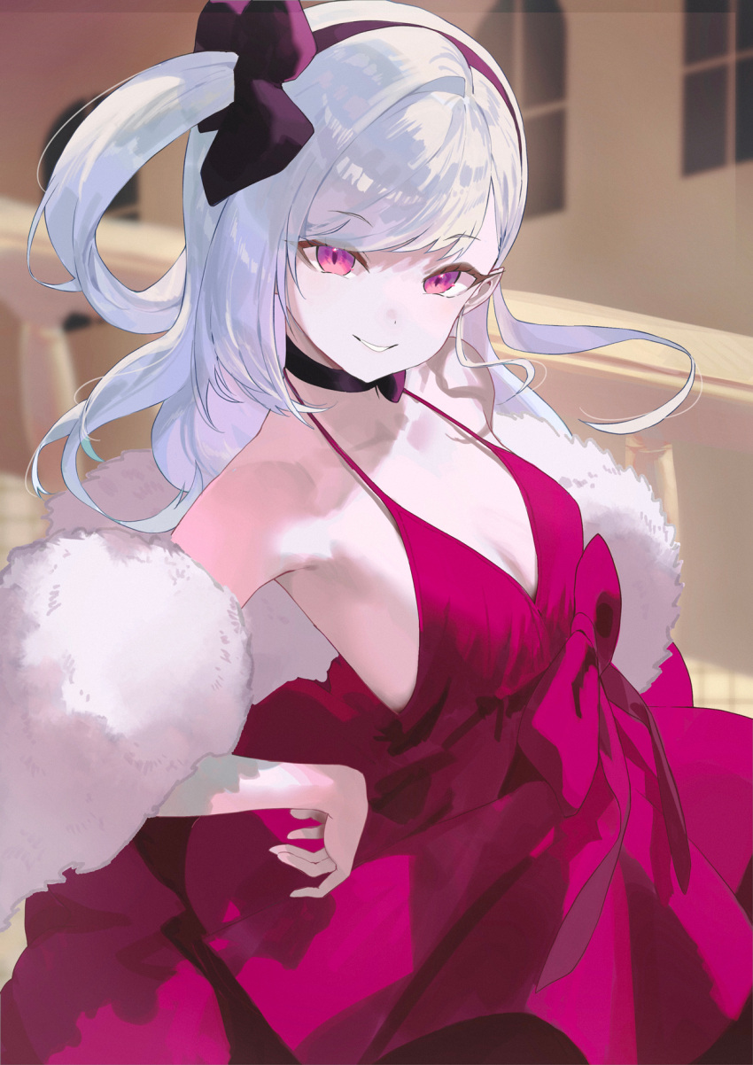 1girl bare_shoulders black_hairband blue_archive blush breasts choker dress fur_shawl hairband halo highres long_hair looking_at_viewer mutsuki_(blue_archive) mutsuki_(dress)_(blue_archive) official_alternate_costume purple_eyes red_dress salmon88 shawl small_breasts smile solo swept_bangs white_hair