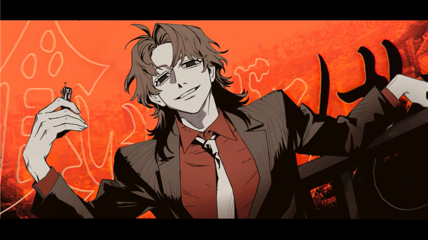 1boy black_eyes black_jacket blazer brown_hair collared_shirt commentary_request fingernail_torture_device grin highres houlong_siche ichijou_seiya jacket kaiji letterboxed long_hair long_sleeves looking_at_viewer male_focus necktie parted_bangs red_background red_shirt shirt smile solo suit upper_body white_necktie