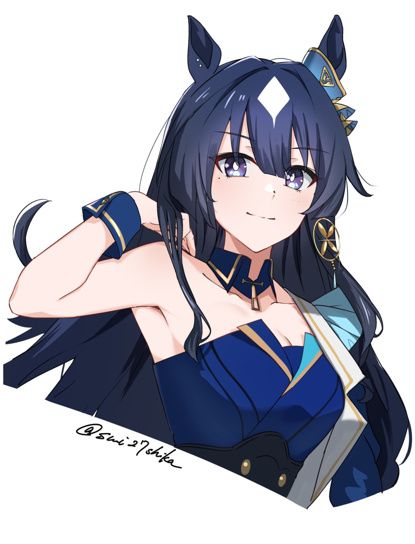 1girl animal_ears blue_hair breasts cleavage dark_blue_hair ear_covers hair_between_eyes highres horse_ears horse_girl long_hair looking_at_viewer medium_breasts mole mole_under_eye purple_eyes shikaya simple_background single_ear_cover smile solo twitter_username umamusume upper_body verxina_(umamusume) white_background