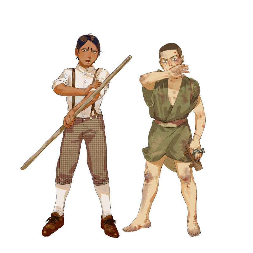 2boys aged_down barefoot bleeding blood blood_on_face blood_on_leg brown_eyes brown_footwear brown_hair brown_pants bruise bruise_on_arm bruise_on_face bruise_on_leg chengongzi123 child collared_shirt covering_own_mouth dark-skinned_male dark_skin full_body geta golden_kamuy green_eyes green_kimono hand_over_own_mouth hands_up highres holding holding_clothes holding_footwear holding_stick injury japanese_clothes kimono koito_otonoshin looking_at_viewer male_focus multiple_boys open_mouth pants shirt shoes short_hair short_sleeves simple_background standing stick suspenders tsukishima_hajime unworn_footwear very_short_hair white_background wide_sleeves