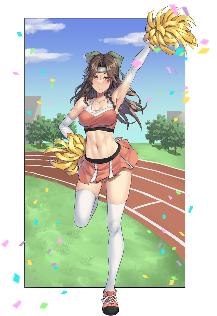 1girl arm_up armpits bow breasts brown_eyes brown_hair cheering cheerleader collarbone elbow_gloves full_body gloves green_bow hair_bow highres holding holding_pom_poms jintsuu_(kancolle) kantai_collection kokuzou long_hair medium_breasts navel orange_footwear orange_skirt pom_pom_(cheerleading) shoes skirt solo thighhighs white_gloves white_thighhighs