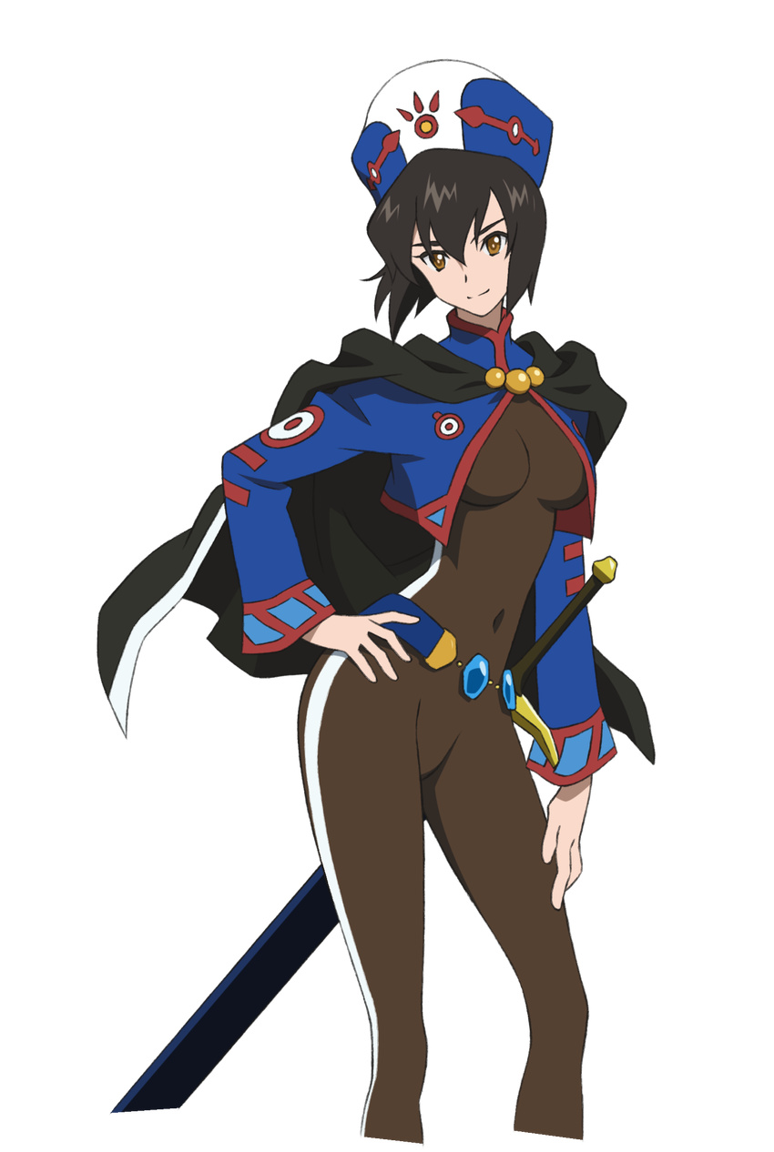 absurdres black_hair bodystocking bodysuit capelet chloe_valens covered_navel cropped_legs hand_on_hip hat highres jacket long_sleeves nakazawa_kazuto official_art short_hair smile solo sword tales_of_(series) tales_of_legendia transparent_background very_short_hair weapon yellow_eyes