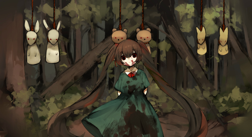 1girl arms_behind_back blank_stare blood blood_on_face brown_hair closed_mouth dirty dirty_clothes dot_nose dress empty_eyes forest green_dress highres long_dress long_hair looking_at_viewer nature neck_ribbon noose outdoors pale_skin red_ribbon ribbon road shirokujira short_sleeves solo tree twintails very_long_hair