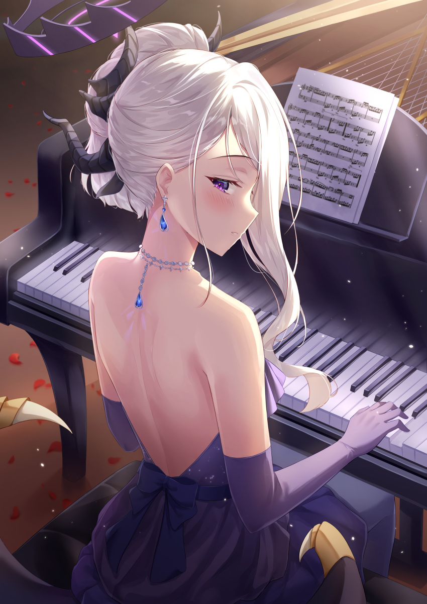 1girl absurdres black_horns blue_archive blush closed_mouth dangle_earrings demon_horns demon_wings dress earrings elbow_gloves gloves halo highres hina_(blue_archive) hina_(dress)_(blue_archive) horns instrument jewelry long_hair looking_at_viewer multiple_horns necklace official_alternate_costume piano piano_keys purple_dress purple_eyes purple_gloves purple_wings rieatco sheet_music solo strapless strapless_dress white_hair wings