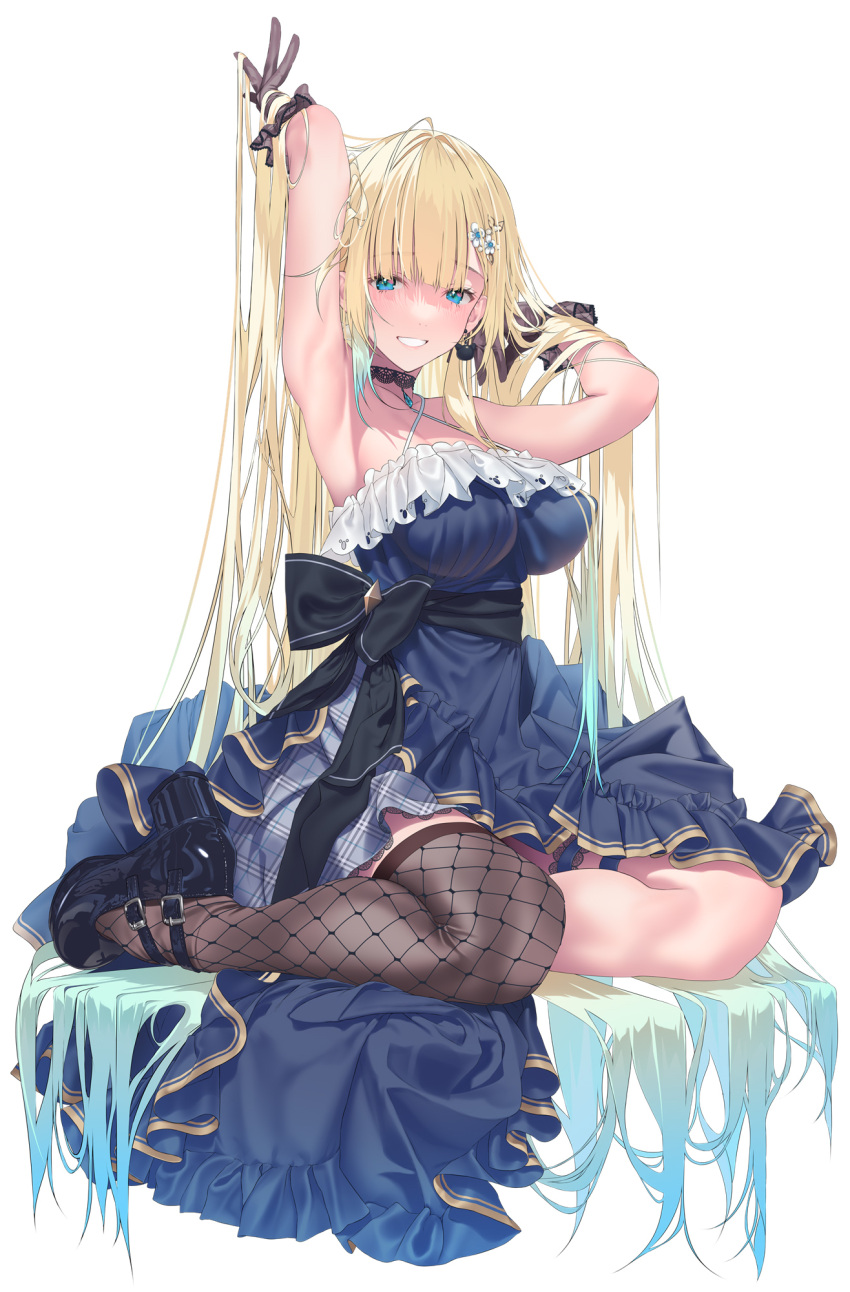 1girl absurdly_long_hair aizawa_ema aizawa_ema_(1st_costume) armpits arms_up asymmetrical_legwear bare_shoulders black_footwear black_gloves blonde_hair blue_dress blue_eyes blue_hair blunt_bangs breasts cat_earrings choker commission criss-cross_halter doatobira dress fishnet_thighhighs fishnets flower gloves gradient_hair hair_flower hair_ornament hairclip halter_dress halterneck high_heels highres huge_bow knees lace lace-trimmed_choker lace-trimmed_skirt lace_choker lace_gloves lace_trim large_breasts lips long_hair looking_at_viewer multicolored_hair open_mouth parted_bangs playing_with_own_hair see-through_gloves simple_background single_thighhigh sitting skeb_commission skirt smile solo teeth thigh_strap thighhighs very_long_hair virtual_youtuber vspo! white_background yokozuwari