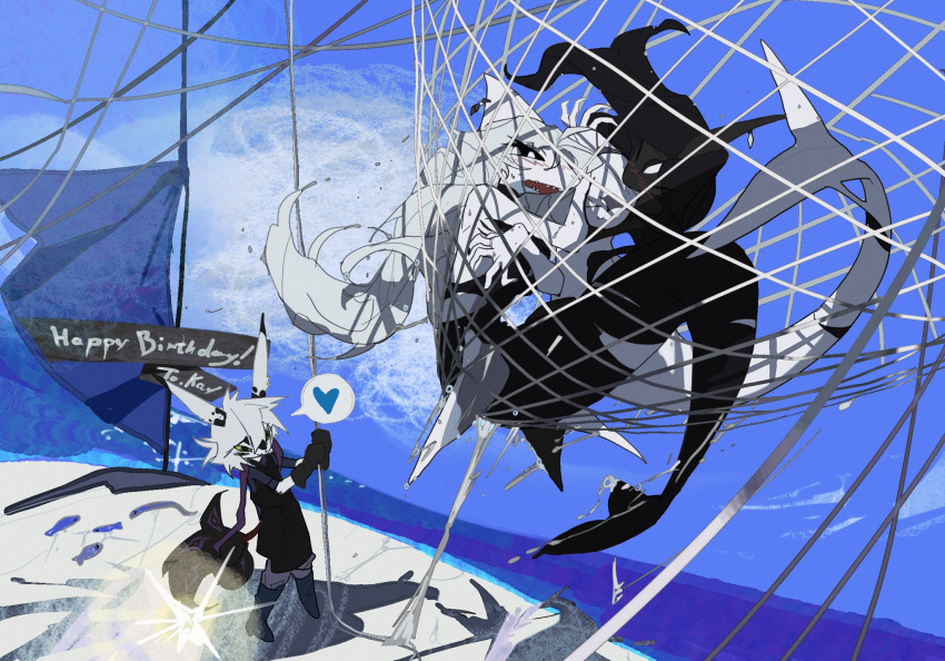 1boy 1girl black_gloves black_shirt blue_sky boots cloud colored_sclera colored_skin day fins fishnets fox_boy furry gloves green_sclera heart highres kamikiririp ocean original outdoors shark_girl shirt sky smile white_hair white_skin