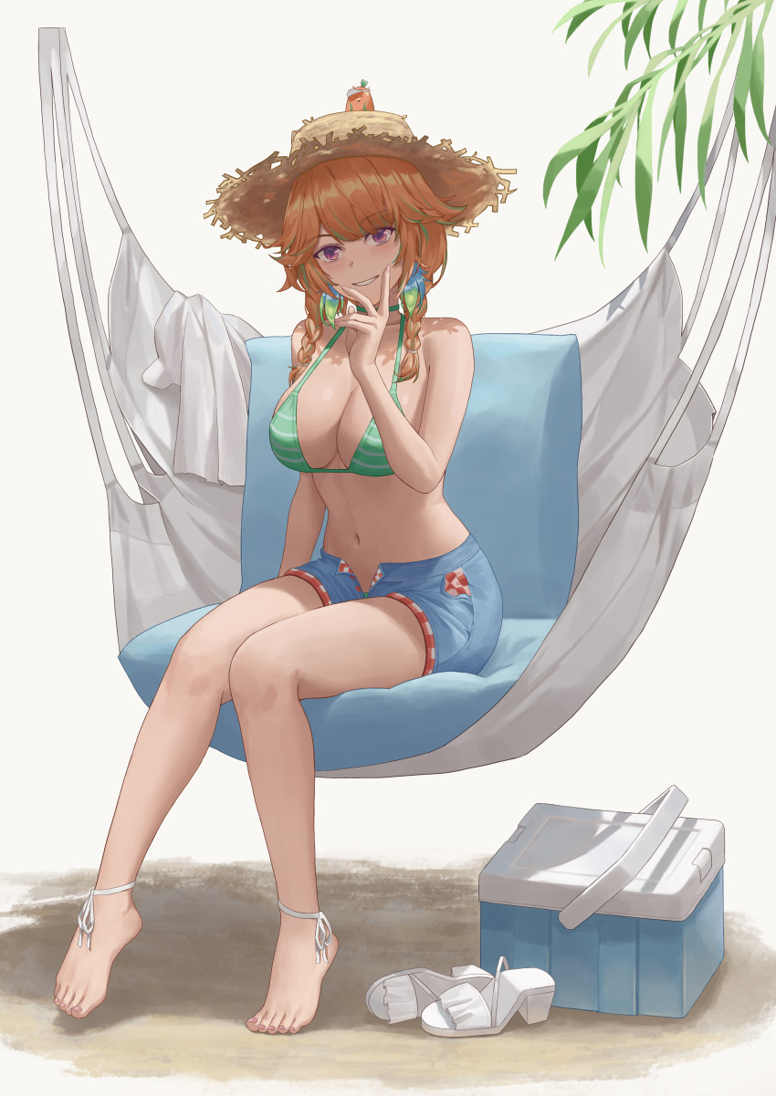 1girl absurdres bare_shoulders barefoot bikini braid breasts choker denim denim_shorts earrings feather_earrings feathers feet green_bikini green_choker hat highres hololive hololive_english jewelry knees_together_feet_apart kotori_(takanashi_kiara) large_breasts legs looking_at_viewer navel official_alternate_costume open_clothes open_fly open_shorts orange_hair purple_eyes shoes shorts simple_background smile solo straw_hat sunai swimsuit takanashi_kiara takanashi_kiara_(casual) toenails toes twin_braids unworn_shoes virtual_youtuber white_background
