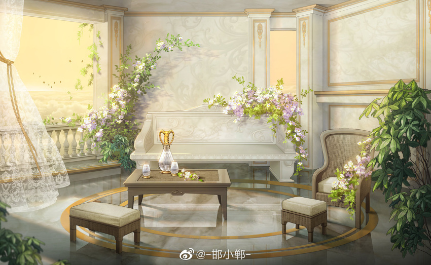 armchair balcony bench bird chair cloud cup curtains drinking_glass flower hanxiaodan highres indoors jug_(bottle) lace_curtains leaf lovebrush_chronicles marble_floor no_humans official_art plant purple_flower reflective_floor scenery sky stone_bench stool table transparent_curtains vines weibo_logo weibo_username white_flower wicker_furniture yellow_sky