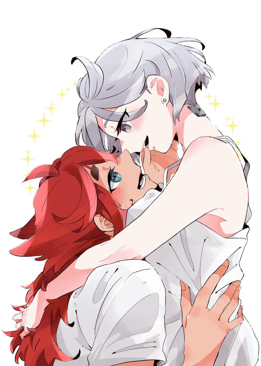 2girls aqua_eyes arms_around_neck bare_arms commentary_request couple earrings finger_in_another's_mouth grey_eyes gundam gundam_suisei_no_majo hair_over_breasts highres hug jewelry kusattatofu long_hair miorine_rembran multiple_girls one_eye_closed parted_lips red_hair ring shirt short_hair short_sleeves simple_background smile sparkle stud_earrings suletta_mercury tank_top thick_eyebrows wedding_ring white_background white_hair white_shirt white_tank_top wife_and_wife yuri