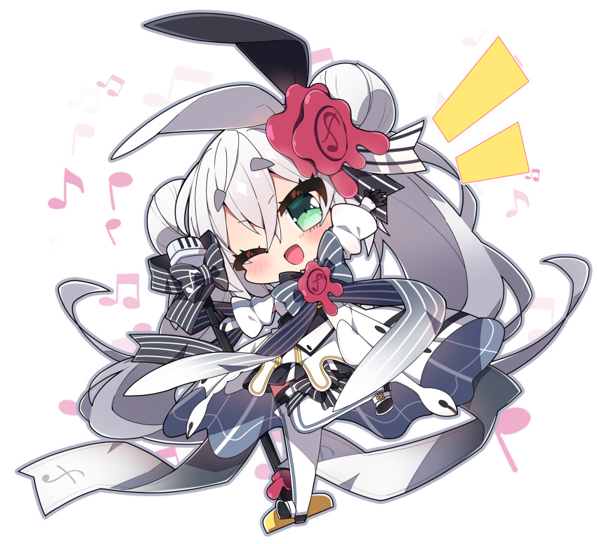 1girl ;d absurdres beamed_eighth_notes black_bow black_gloves black_skirt black_thighhighs blush boots bow chibi commentary_request detached_sleeves double_bun eighth_note eleanor_forte full_body gloves green_eyes grey_bow grey_hair hair_between_eyes hair_bun highres long_hair long_sleeves microphone microphone_stand milkpanda musical_note musical_note_print notice_lines one_eye_closed pleated_skirt puffy_long_sleeves puffy_sleeves quarter_note short_eyebrows simple_background skirt smile solo standing standing_on_one_leg striped_bow synthesizer_v thick_eyebrows thigh_boots thighhighs thighhighs_under_boots very_long_hair white_background white_footwear white_skirt white_sleeves