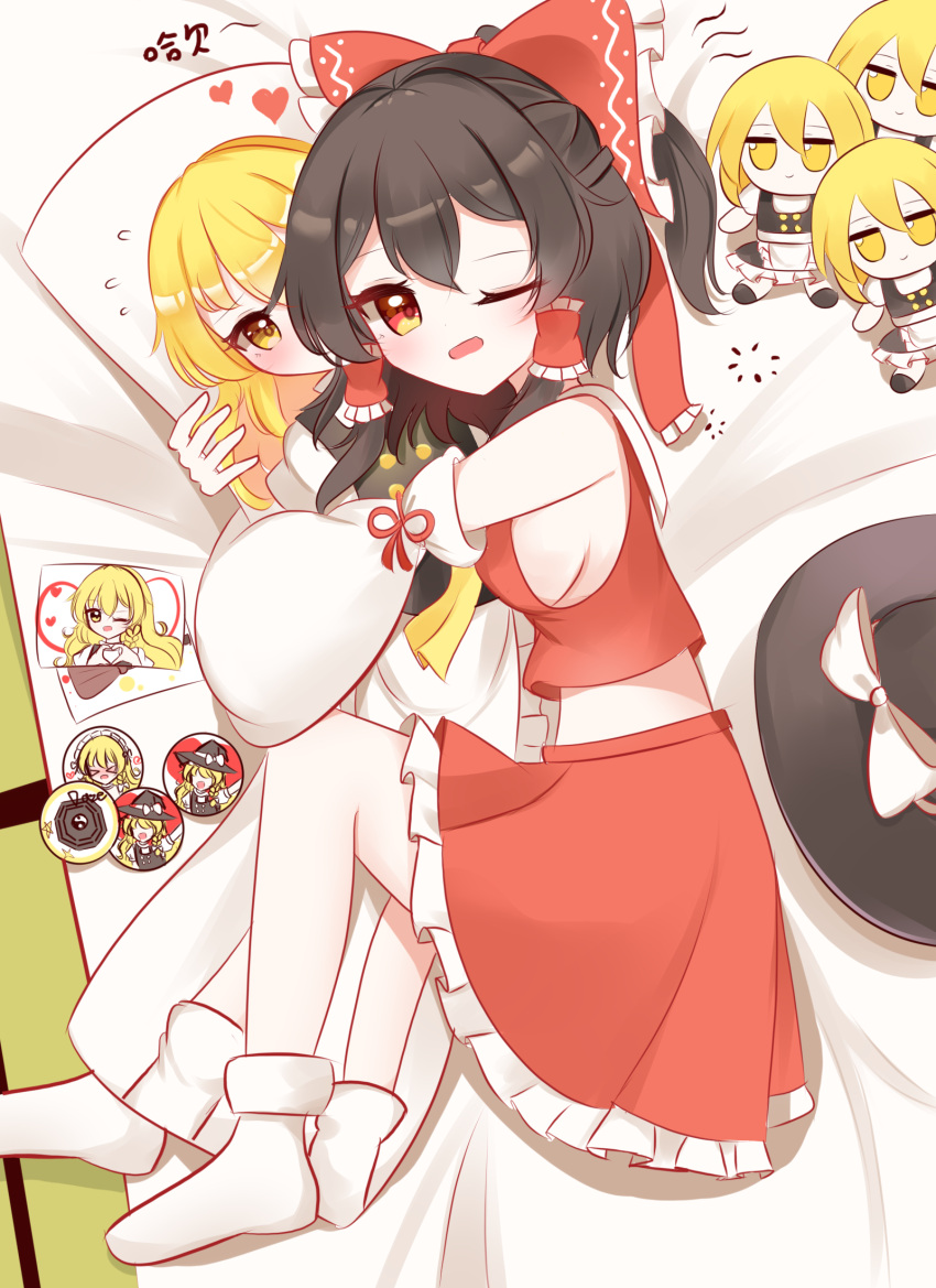 &gt;_&lt; 1girl ascot black_hair blonde_hair blush bow braid breasts commentary_request dakimakura_(object) detached_sleeves flying_sweatdrops frilled_bow frilled_hair_tubes frills fumo_(doll) hair_bow hair_tubes hakurei_reimu hat hat_bow heart highres hugging_object kirisame_marisa long_hair lying mini-hakkero on_side one_eye_closed open_mouth photo_(object) pillow red_bow red_skirt shen_bi_ren_(user_rjgy2824) short_sleeves side_braid sideboob single_braid skirt skirt_set smile socks solo touhou translation_request unworn_headwear white_bow white_socks witch_hat yellow_ascot yellow_eyes yin_yang yin_yang_print