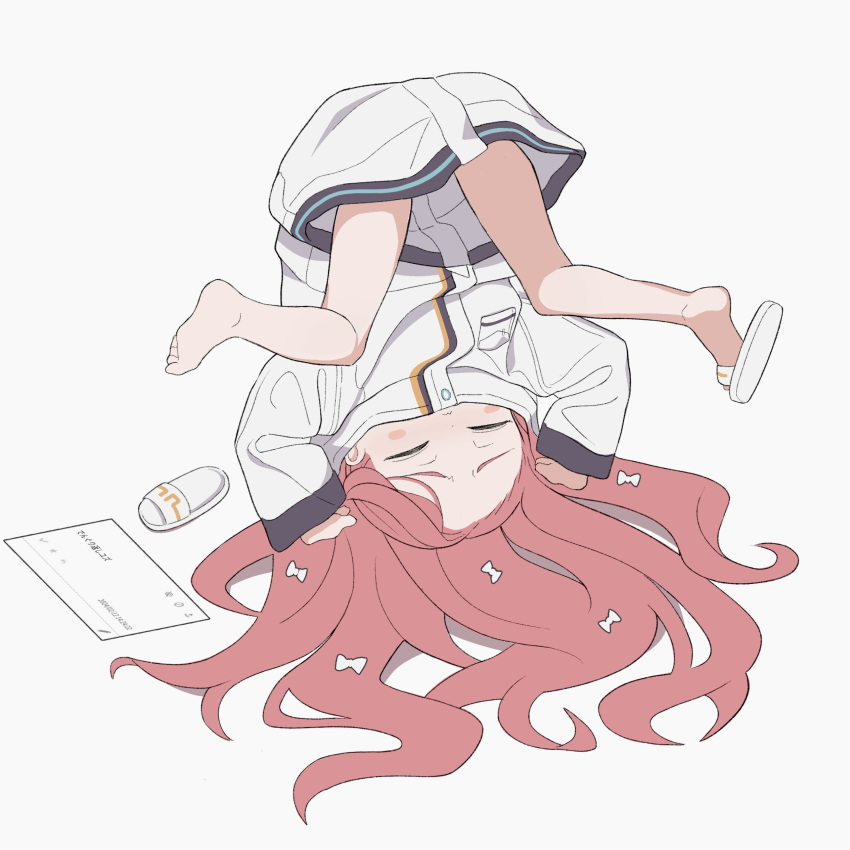 1girl absurdres atat250 blue_archive blush_stickers bow closed_eyes closed_mouth commission hair_bow highres jacket long_hair long_sleeves red_hair simple_background slippers soles solo toes white_background white_bow white_jacket yuzu_(blue_archive)