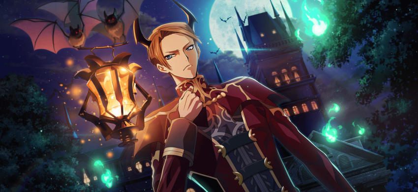 1boy arm_at_side artist_request bat_(animal) black_horns black_shirt blue_eyes brown_hair capelet castle clenched_hand closed_mouth cloud code_geass code_geass:_lost_stories demon_boy dutch_angle fire forehead full_moon game_cg gem glowing gold_trim green_fire hand_up highres holding_with_feet horns jacket jewelry kewell_soresi lantern light_particles long_sleeves looking_at_viewer male_focus moon night non-web_source official_art ornate_ring outdoors red_capelet red_eyes red_gemstone red_jacket ring serious shirt short_hair sidelocks solo standing tree upper_body v-shaped_eyebrows
