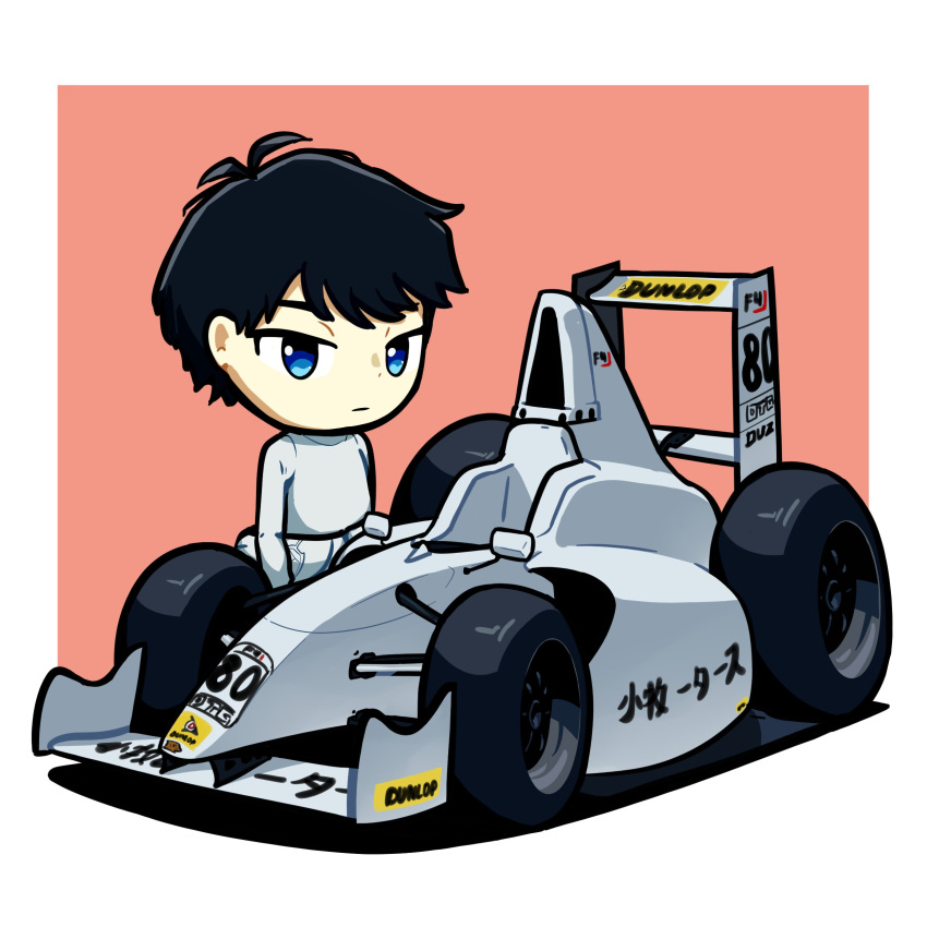 1boy absurdres asahina_haruka black_hair blue_eyes border car chibi dunlop duz english_commentary expressionless formula_racer hair_behind_ear highres jumpsuit jumpsuit_around_waist male_focus motor_vehicle outside_border overtake! pink_background race_vehicle racecar shadow shirt solo spoiler_(automobile) vehicle_focus white_border white_shirt