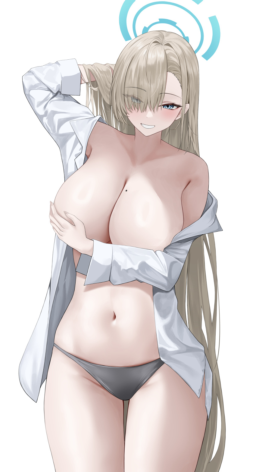1girl absurdres asuna_(blue_archive) black_panties blue_archive blue_eyes blue_halo breasts cleavage collarbone covering_breasts covering_privates cowboy_shot dlnk hair_over_one_eye halo highres jacket large_breasts light_brown_hair long_hair long_sleeves mole mole_under_eye navel open_clothes open_jacket panties shirt simple_background solo underwear white_background white_shirt