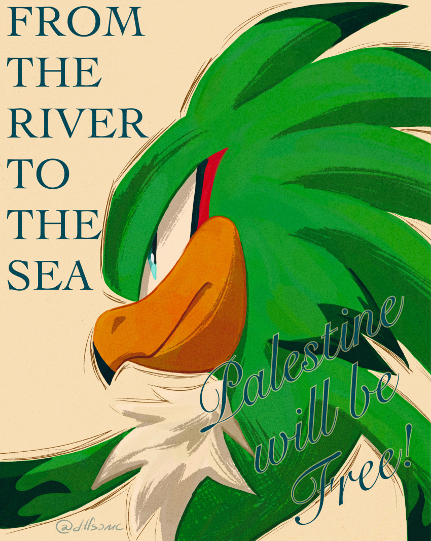 accipitrid accipitriform anthro avian beak bird blue_eyes bust_portrait dilfsonic english_text eye_markings feathers green_body green_feathers hair hi_res israeli-palestinian_conflict jet_the_hawk male markings orange_beak palestine politics portrait red_markings sega simple_background smile solo sonic_riders sonic_the_hedgehog_(series) tan_background tan_body tan_feathers text