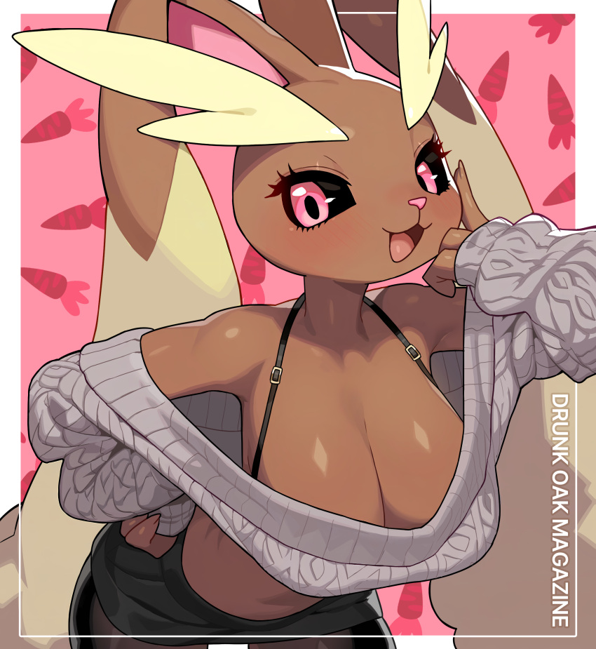 2024 absurd_res anthro artist_name big_breasts black_sclera breasts brown_body brown_fur carrot cleavage clothed clothing drunk_oak english_text female fingers food fur generation_4_pokemon hi_res lagomorph lopunny mammal nintendo pink_eyes plant pokemon pokemon_(species) simple_background solo text topwear vegetable