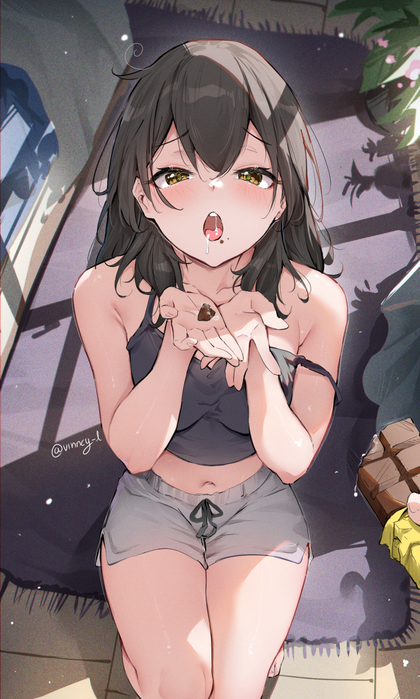 1girl barefoot black_hair black_shirt blush breasts candy chocolate chocolate_bar commentary_request covered_navel crop_top cupping_hands day double-parted_bangs feet food furrowed_brow grey_shorts hair_between_eyes half-closed_eyes highres holding holding_food honkai:_star_rail honkai_(series) indoors kneeling long_hair looking_at_viewer medium_breasts midriff navel open_mouth own_hands_together plant potted_plant pov pov_hands saliva sexually_suggestive shadow shirt short_shorts shorts sleeveless sleeveless_shirt solo_focus stelle_(honkai:_star_rail) strap_slip sunlight teeth toes tongue trailblazer_(honkai:_star_rail) twitter_username upper_teeth_only vincent_leo yellow_eyes